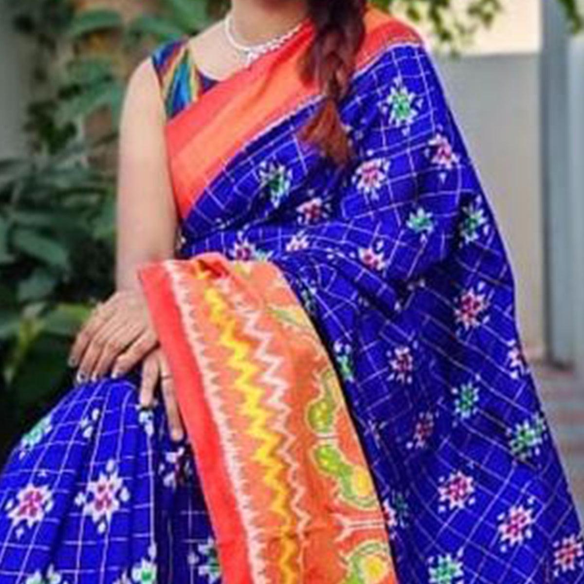 Blue Casual Wear Designer Hand Block Printed Cotton Linen Saree - Peachmode