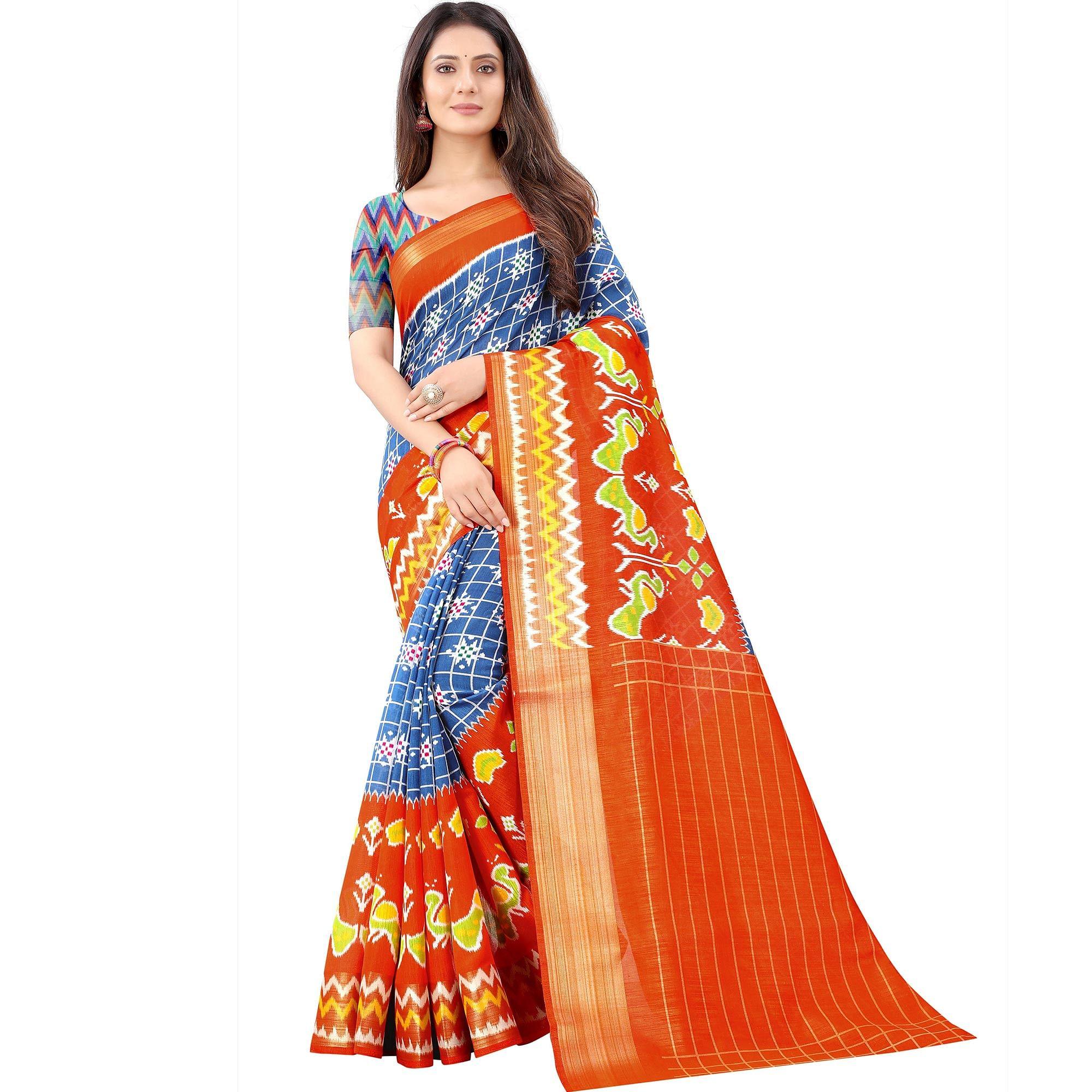 Blue Casual Wear Designer Hand Block Printed Cotton Linen Saree - Peachmode