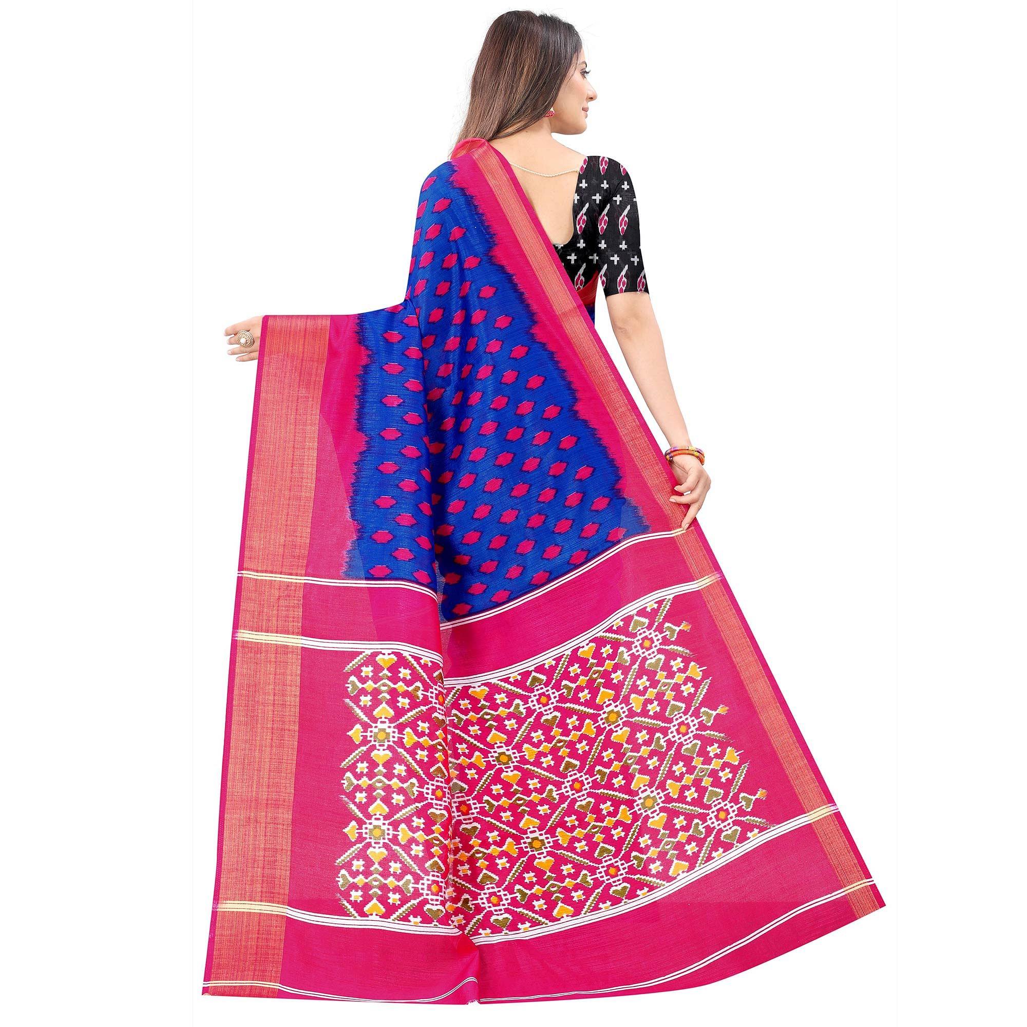Blue Casual Wear Designer Hand Block Printed Cotton Linen Saree - Peachmode