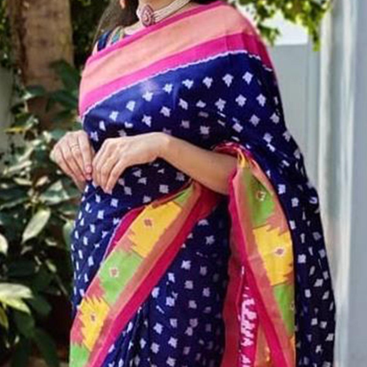 Blue Casual Wear Designer Hand Block Printed Cotton Linen Saree - Peachmode