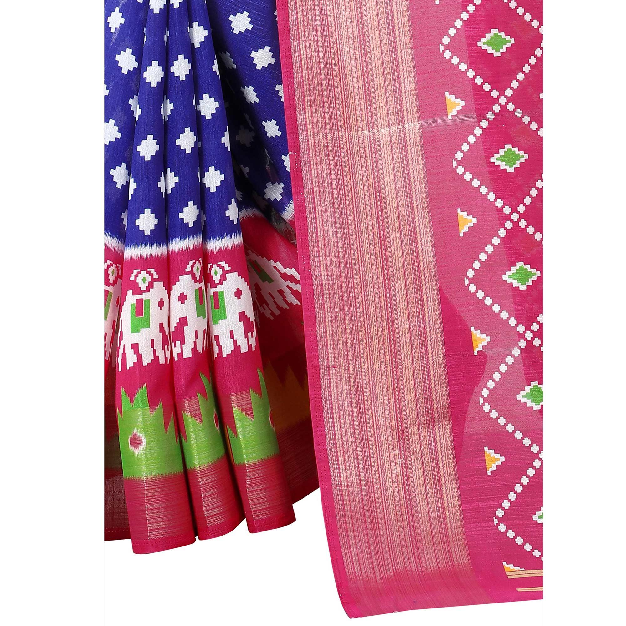 Blue Casual Wear Designer Hand Block Printed Cotton Linen Saree - Peachmode