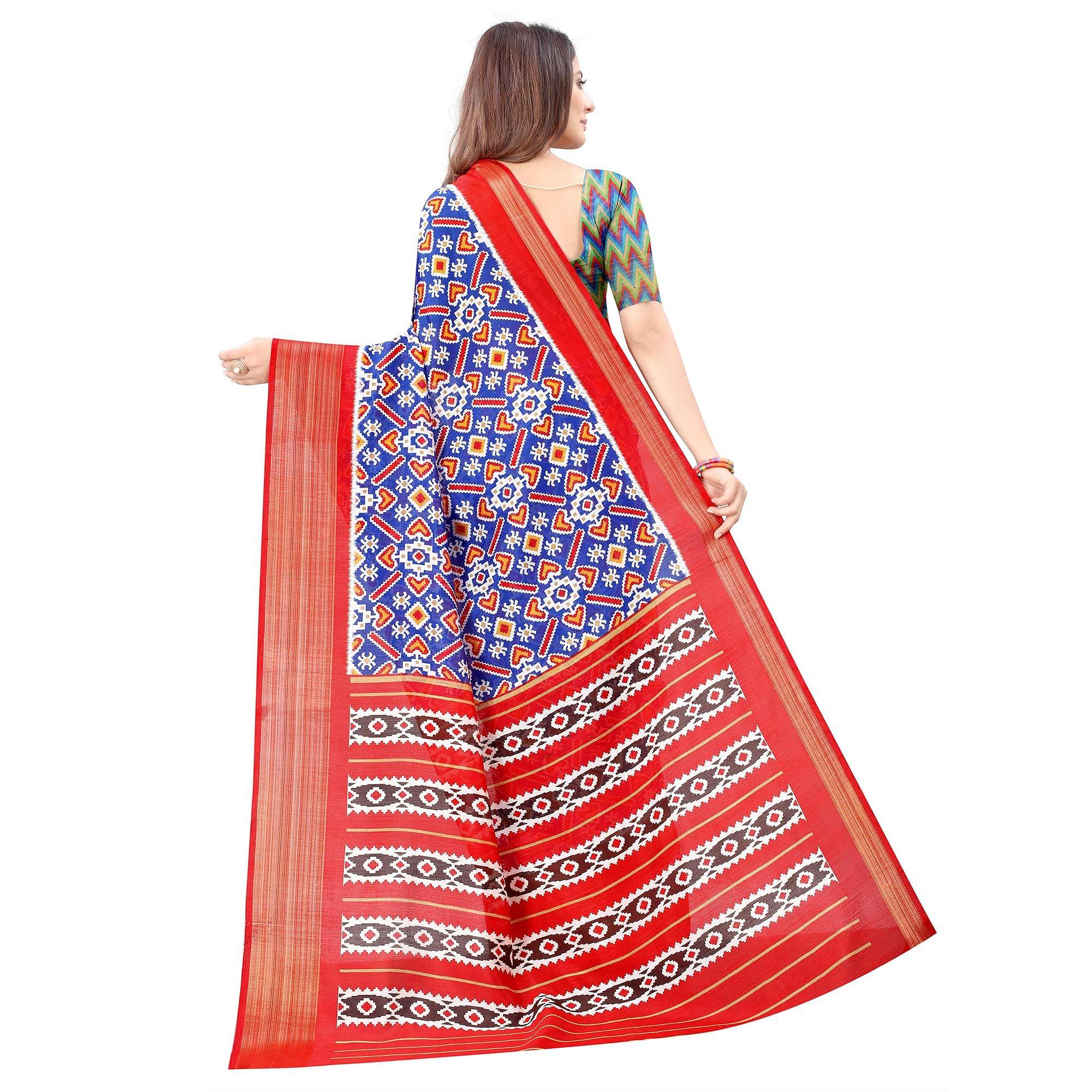 Blue Casual Wear Designer Hand Block Printed Cotton Linen Saree - Peachmode
