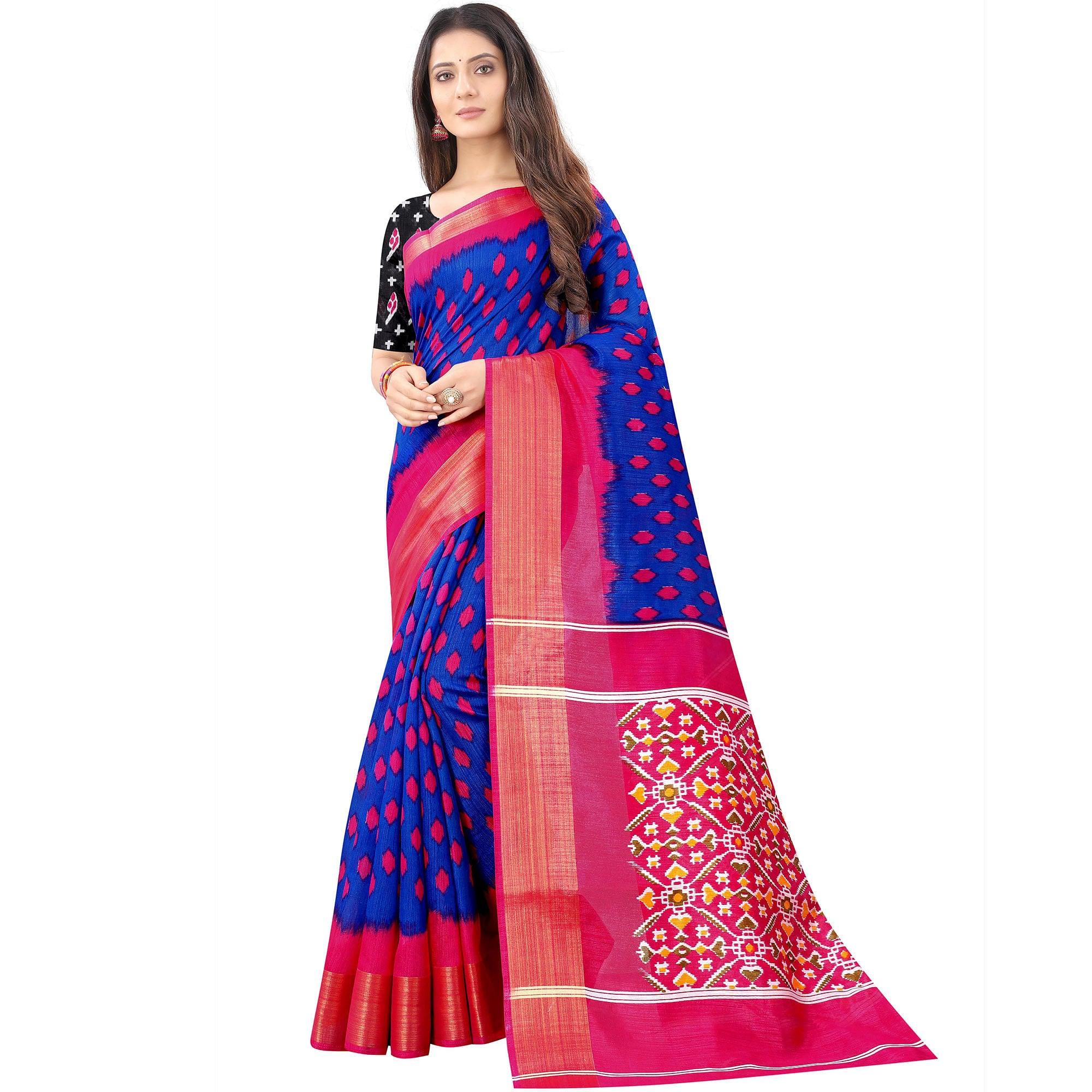 Blue Casual Wear Designer Hand Block Printed Cotton Linen Saree - Peachmode