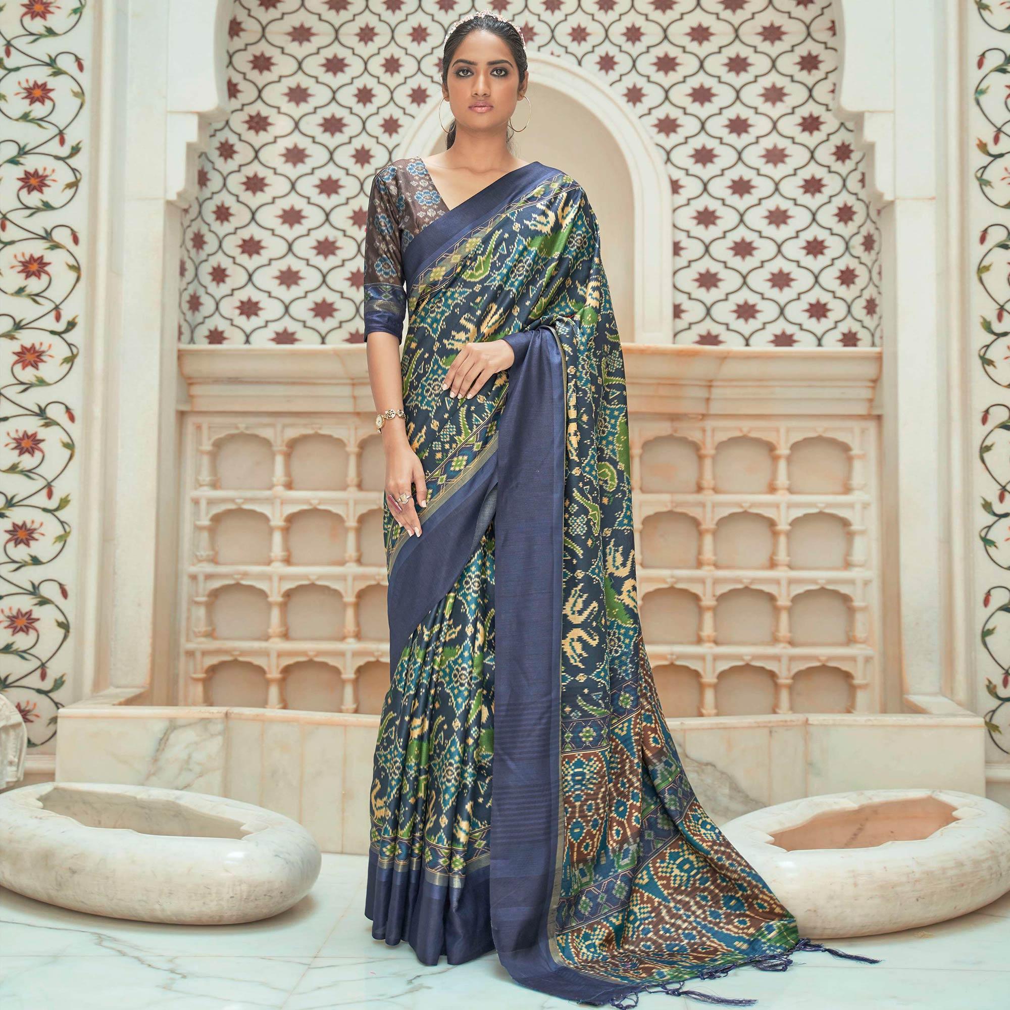 Blue Casual Wear Digital Printed Assam Silk Saree - Peachmode