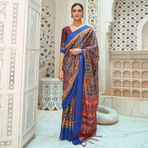 Blue Casual Wear Digital Printed Assam Silk Saree - Peachmode