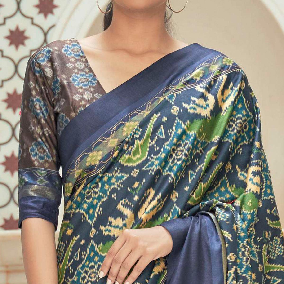 Blue Casual Wear Digital Printed Assam Silk Saree - Peachmode