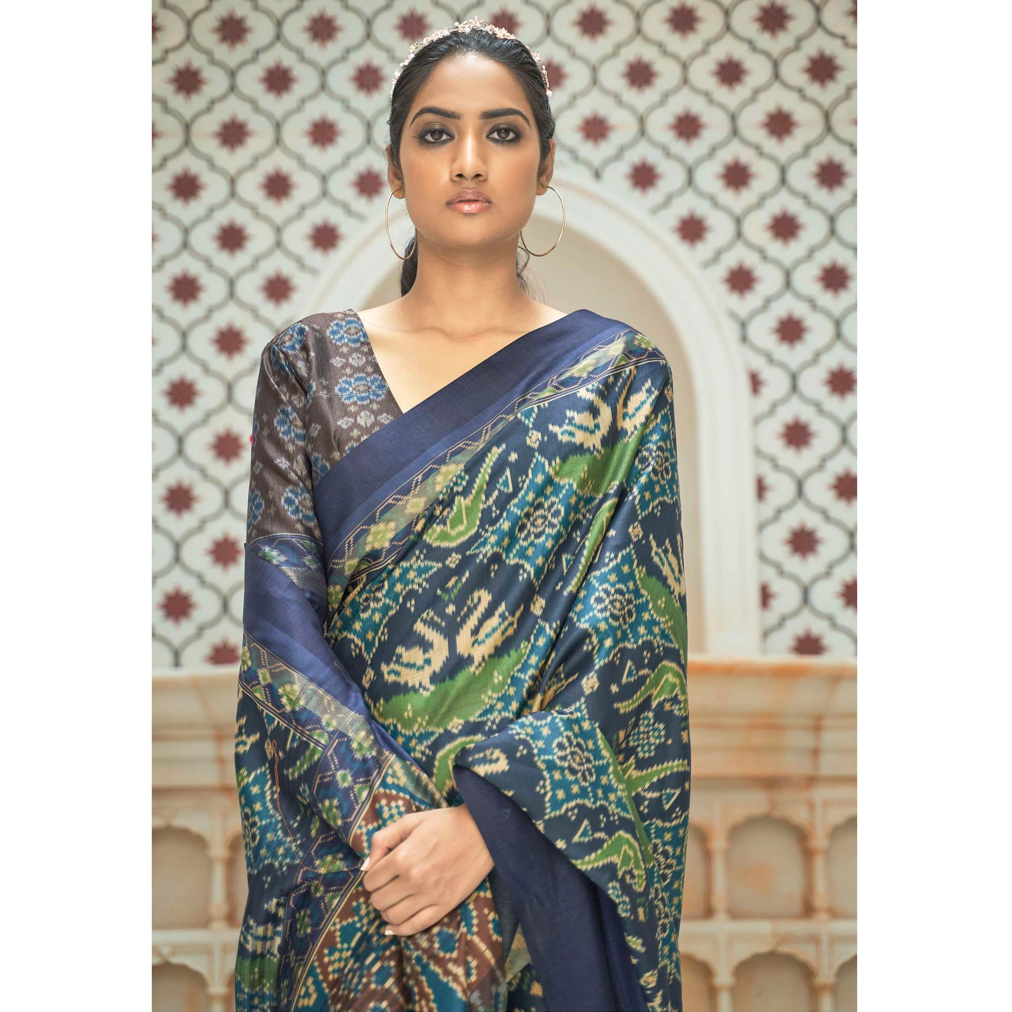 Blue Casual Wear Digital Printed Assam Silk Saree - Peachmode
