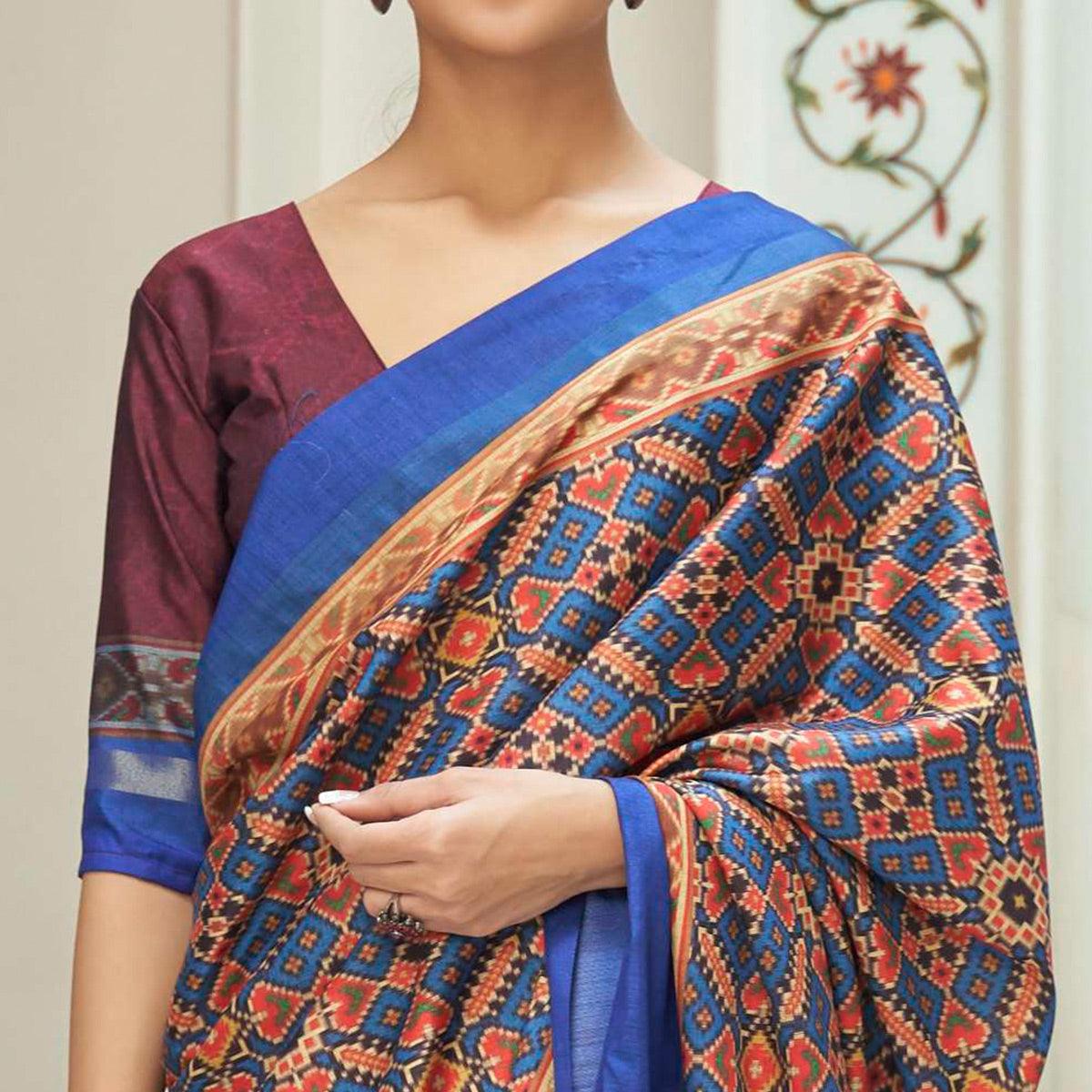 Blue Casual Wear Digital Printed Assam Silk Saree - Peachmode