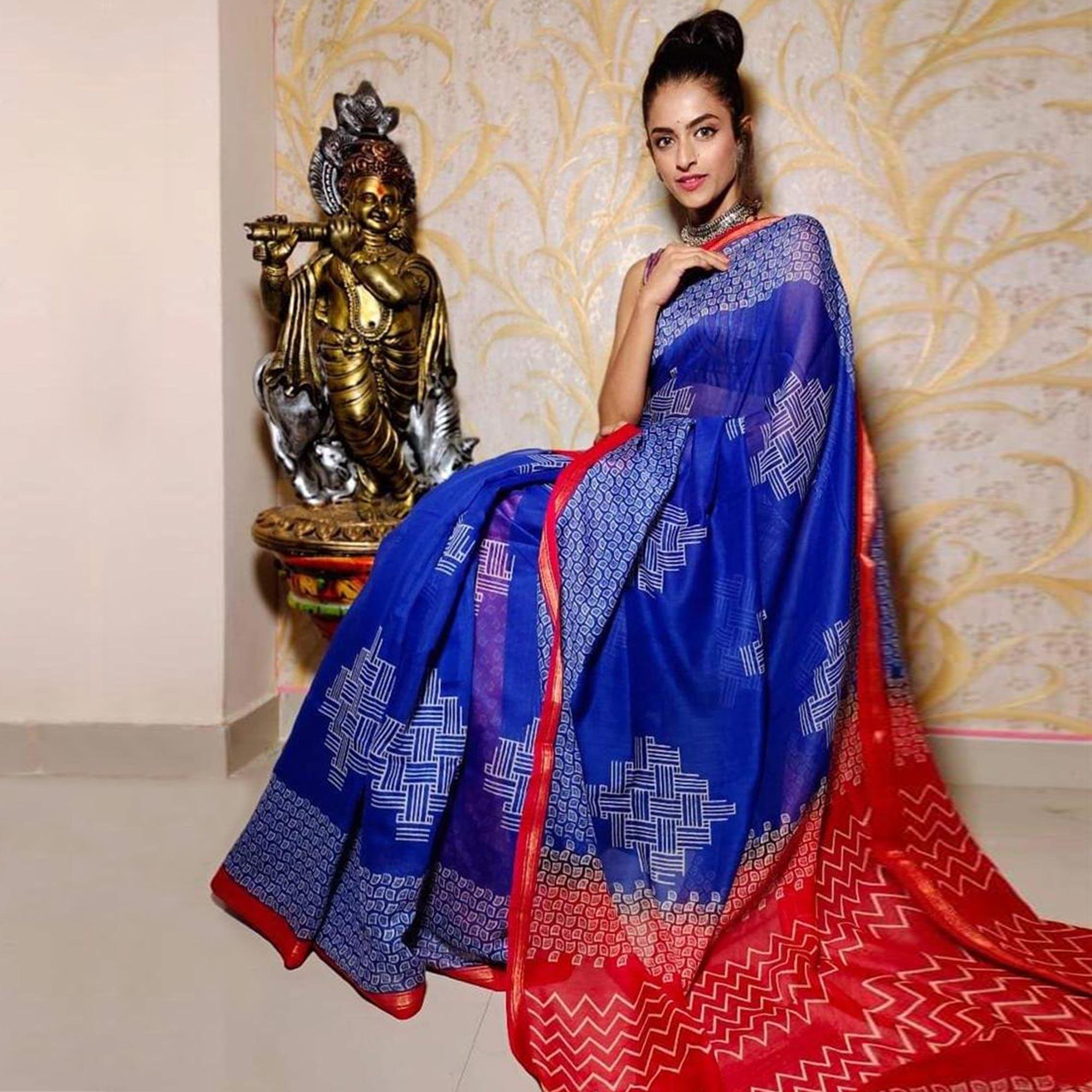 Blue Casual Wear Digital Printed Chanderi Silk Saree - Peachmode