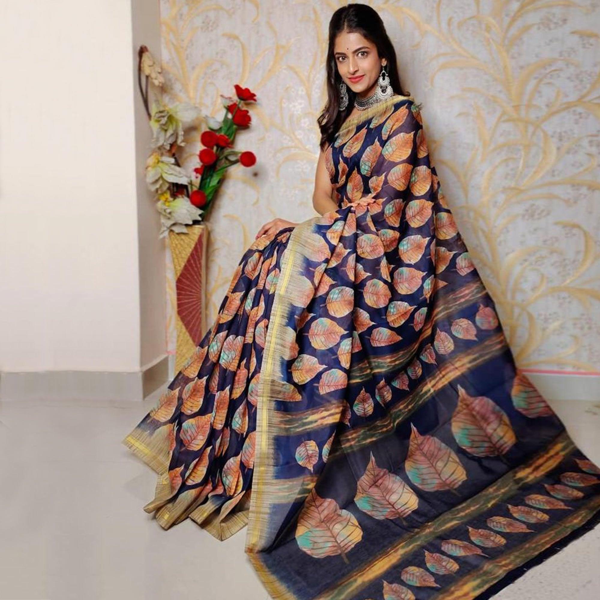 Blue Casual Wear Digital Printed Chanderi Silk Saree - Peachmode