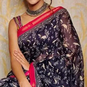 Blue Casual Wear Digital Printed Chanderi Silk Saree - Peachmode