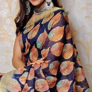 Blue Casual Wear Digital Printed Chanderi Silk Saree - Peachmode