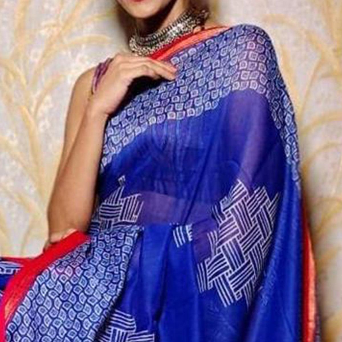 Blue Casual Wear Digital Printed Chanderi Silk Saree - Peachmode