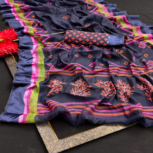 Blue Casual Wear Digital Printed Cotton Saree - Peachmode