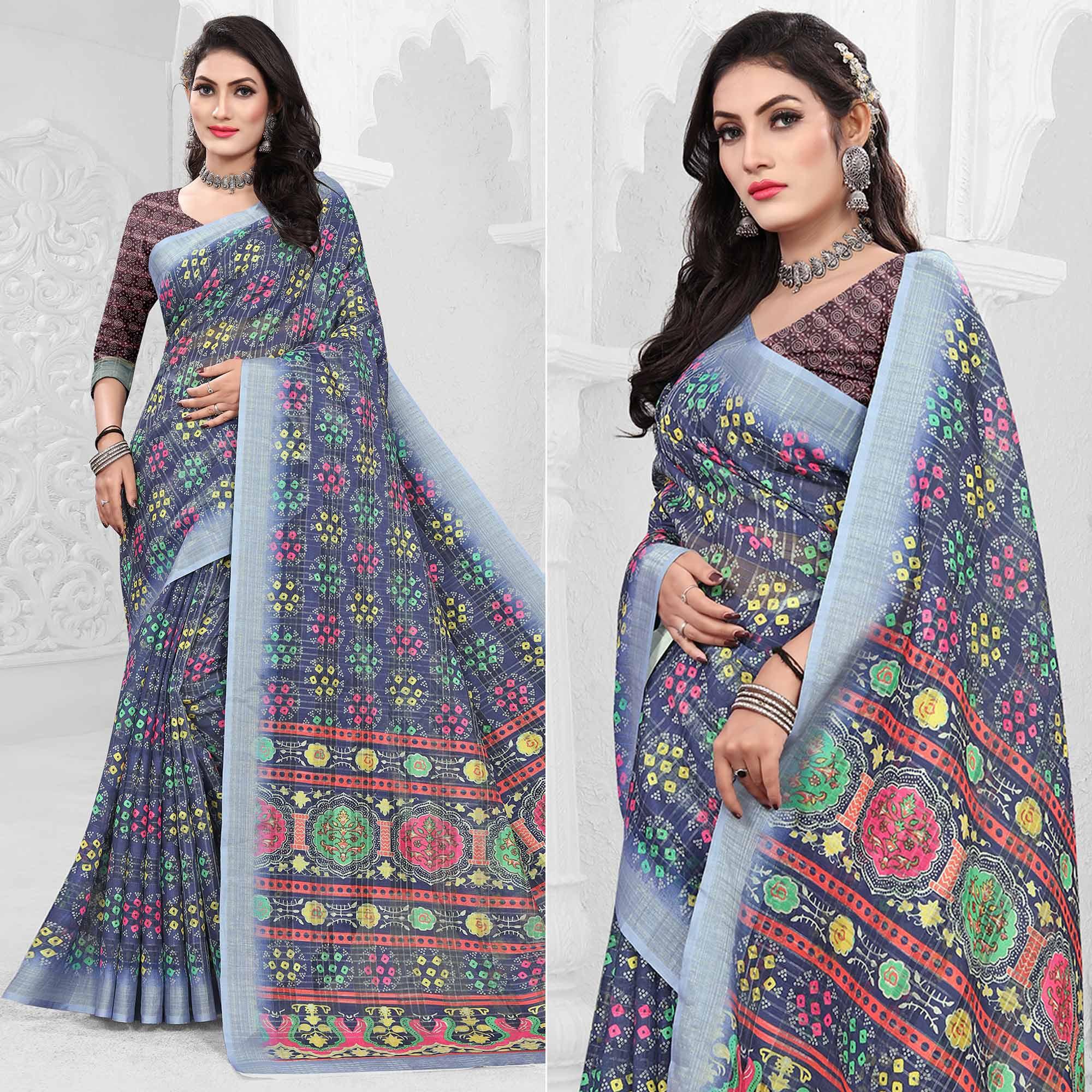 Blue Casual Wear Digital Printed Cotton Silk Saree - Peachmode