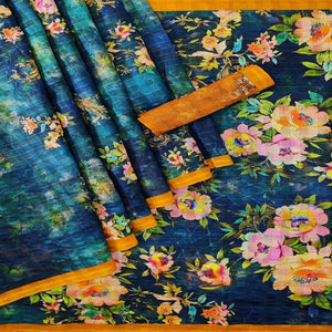 Blue Casual Wear Digital Printed Cotton Silk Saree - Peachmode