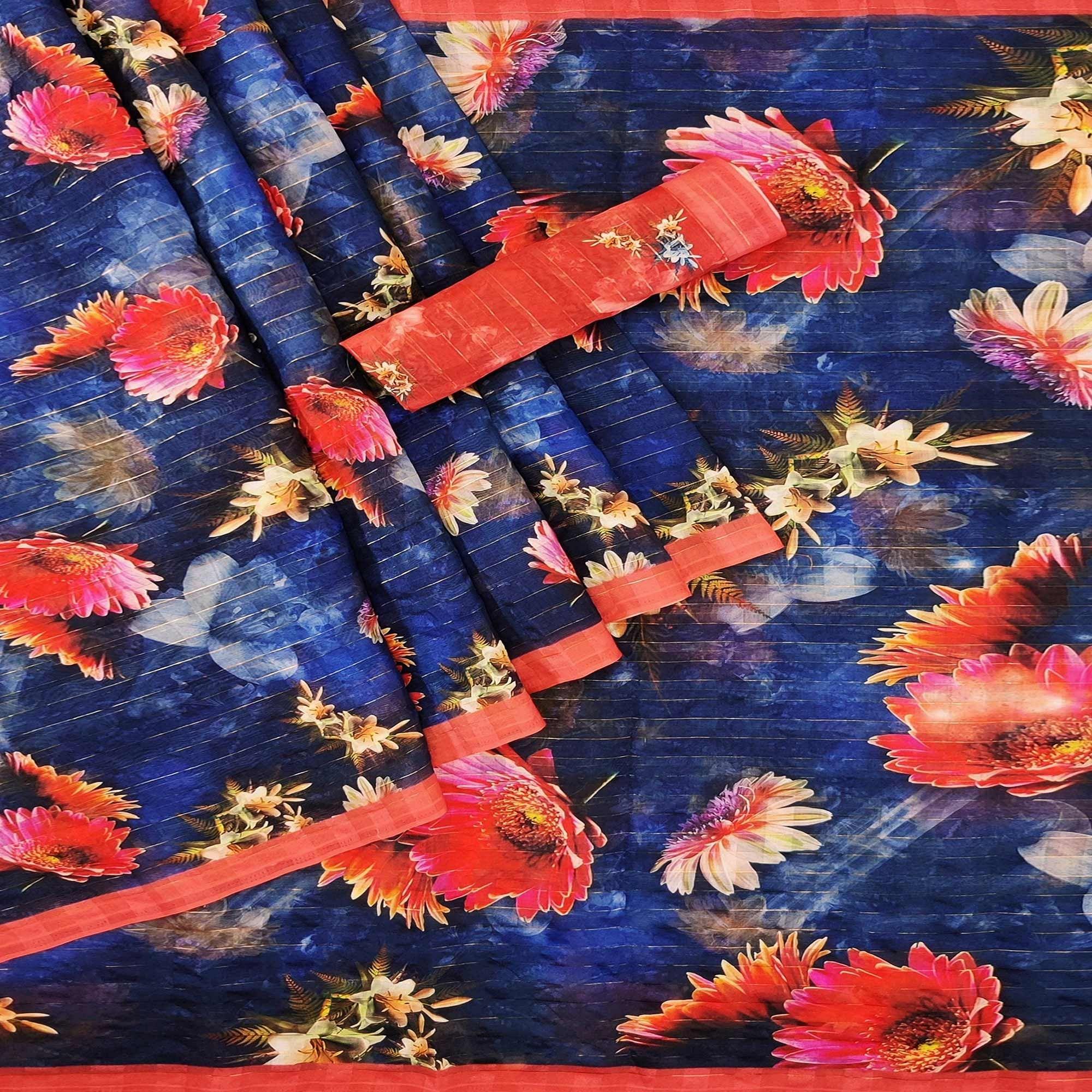 Blue Casual Wear Digital Printed Cotton Silk Saree - Peachmode
