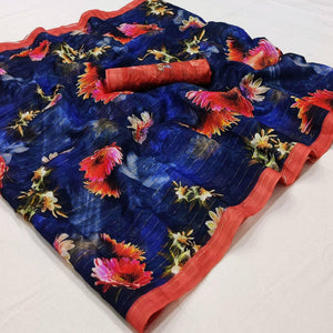 Blue Casual Wear Digital Printed Cotton Silk Saree - Peachmode