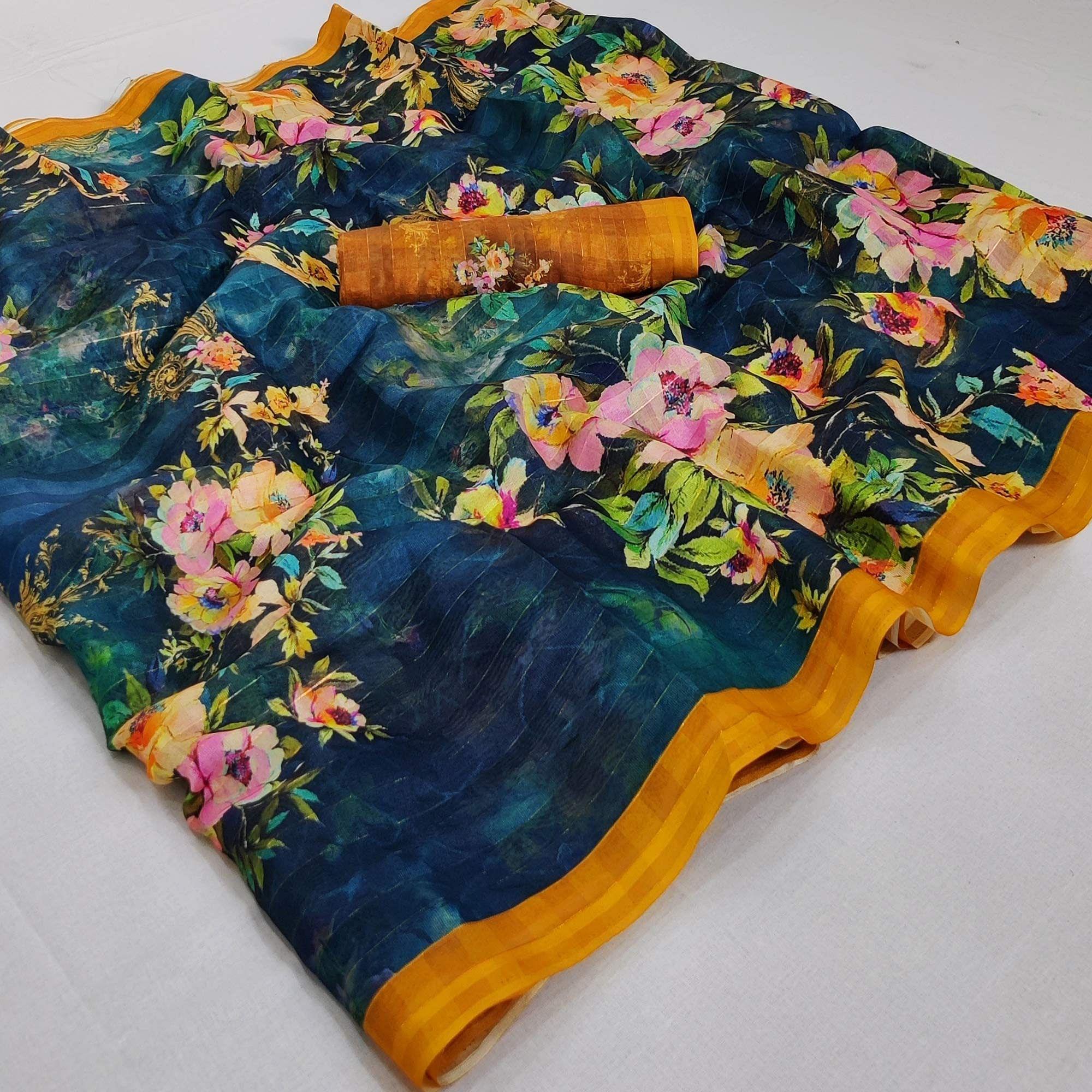 Blue Casual Wear Digital Printed Cotton Silk Saree - Peachmode