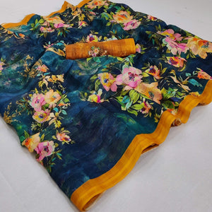 Blue Casual Wear Digital Printed Cotton Silk Saree - Peachmode
