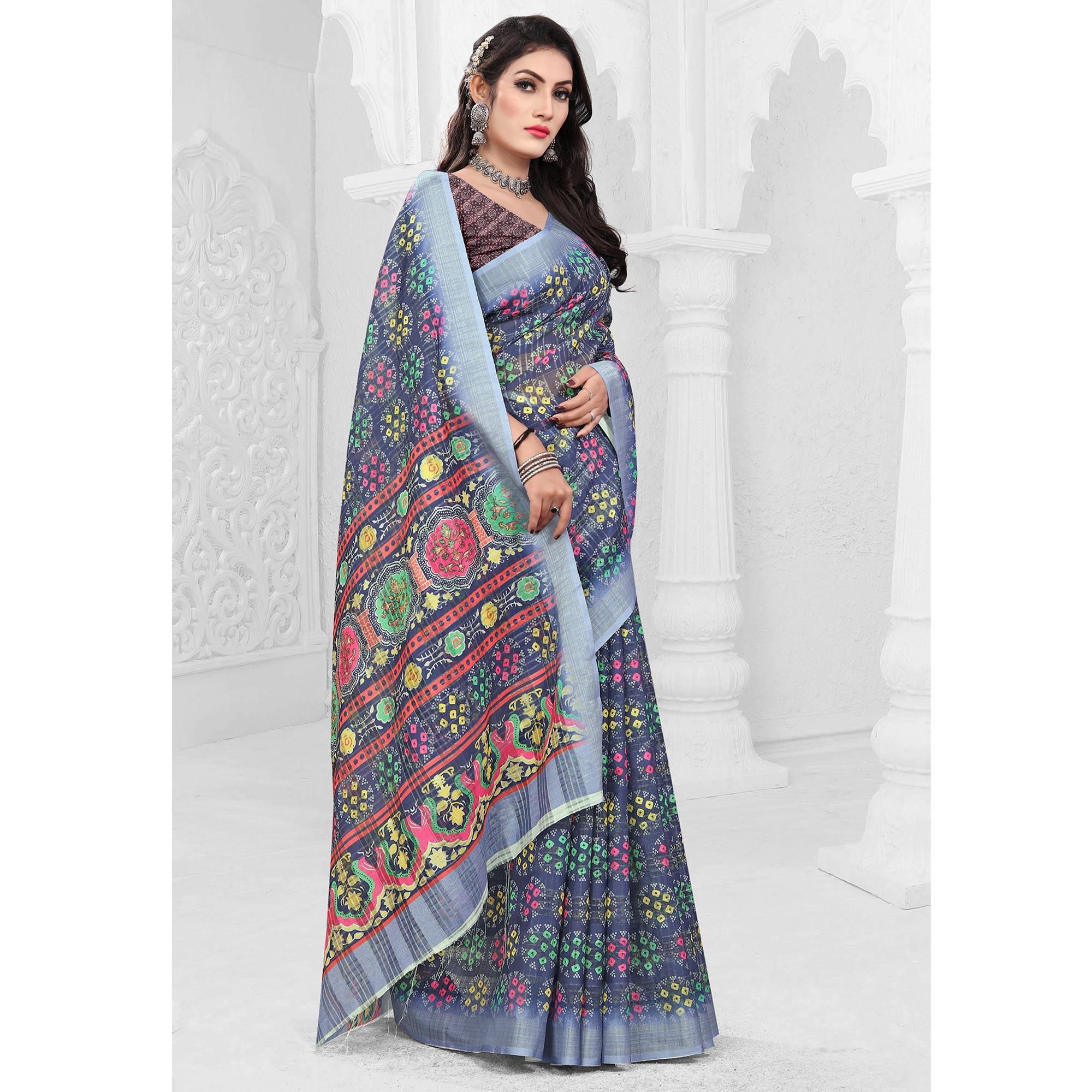 Blue Casual Wear Digital Printed Cotton Silk Saree - Peachmode