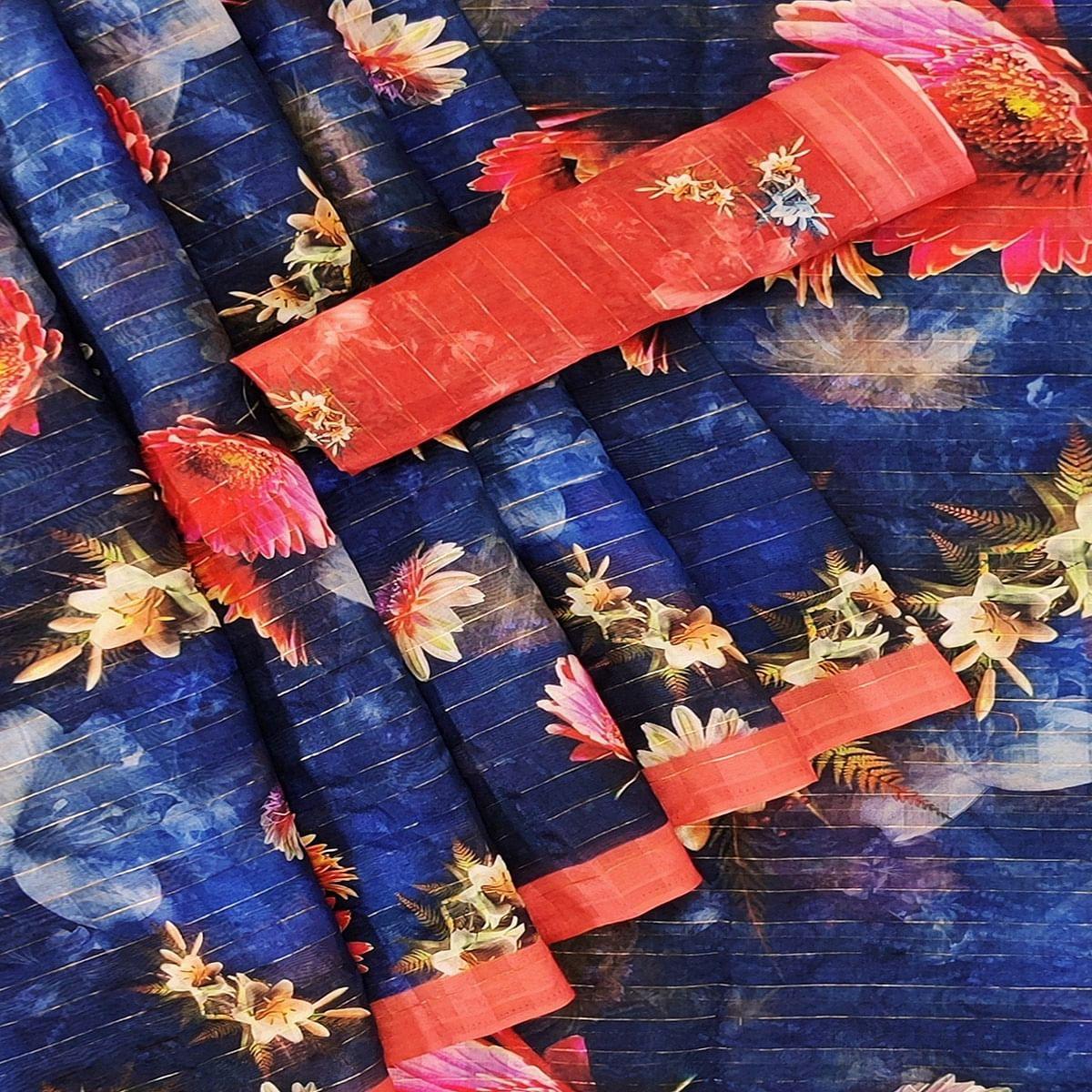 Blue Casual Wear Digital Printed Cotton Silk Saree - Peachmode