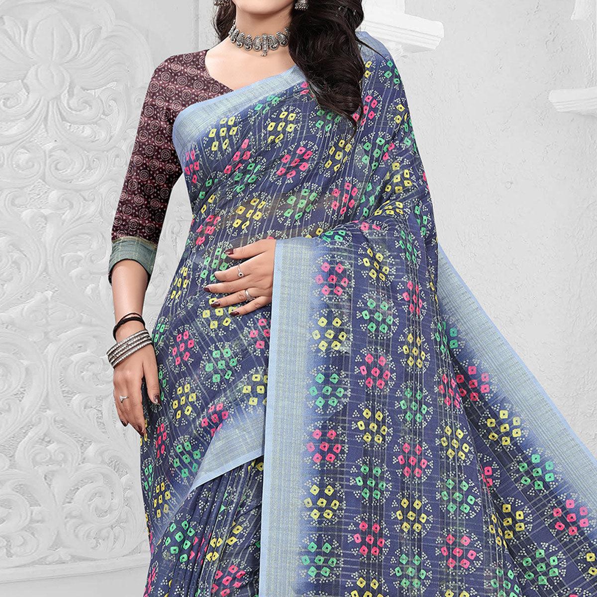 Blue Casual Wear Digital Printed Cotton Silk Saree - Peachmode