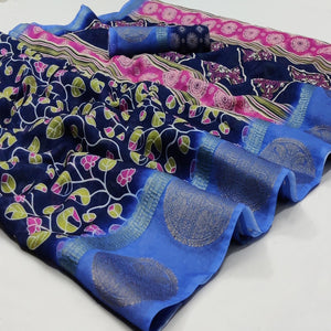 Blue Casual Wear Digital Printed Linen Saree Woven Border - Peachmode