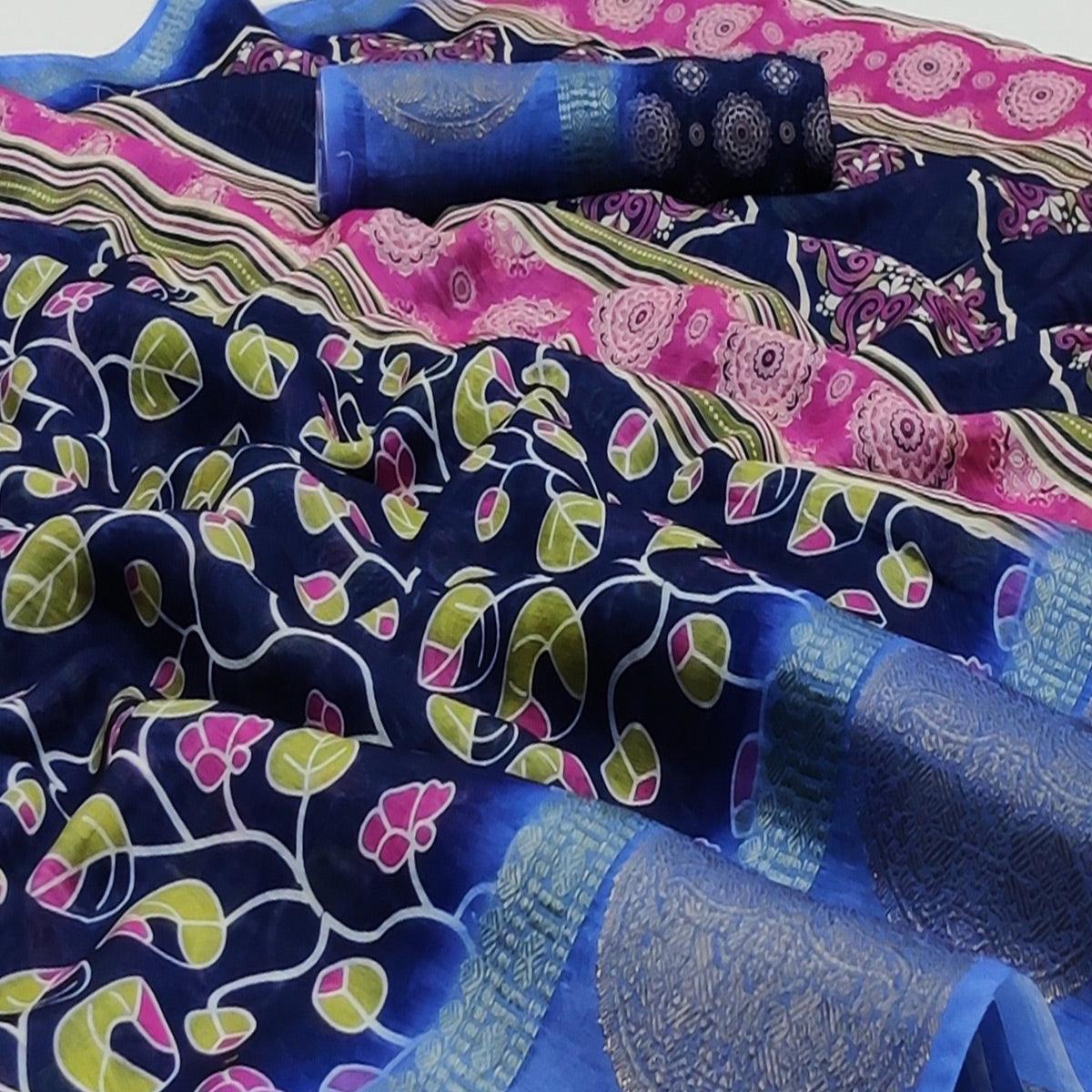 Blue Casual Wear Digital Printed Linen Saree Woven Border - Peachmode