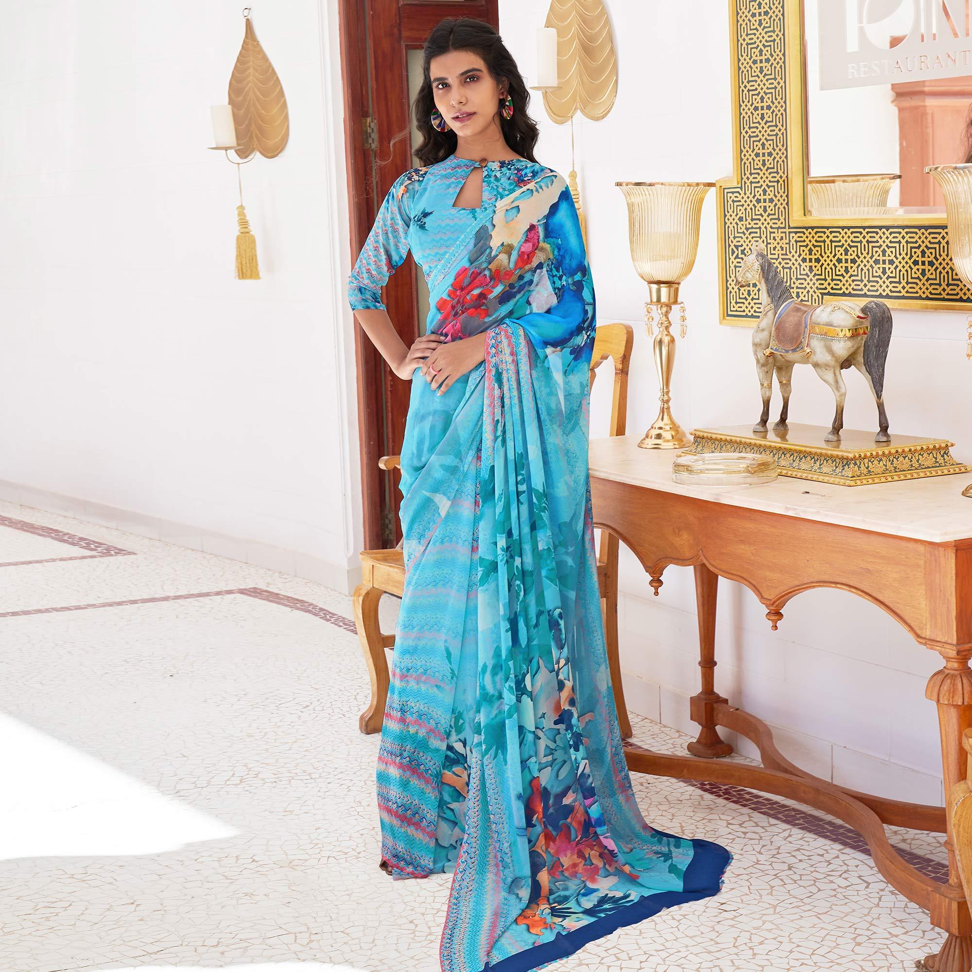 Blue Casual Wear Digital Printed Satin Georgette Saree - Peachmode