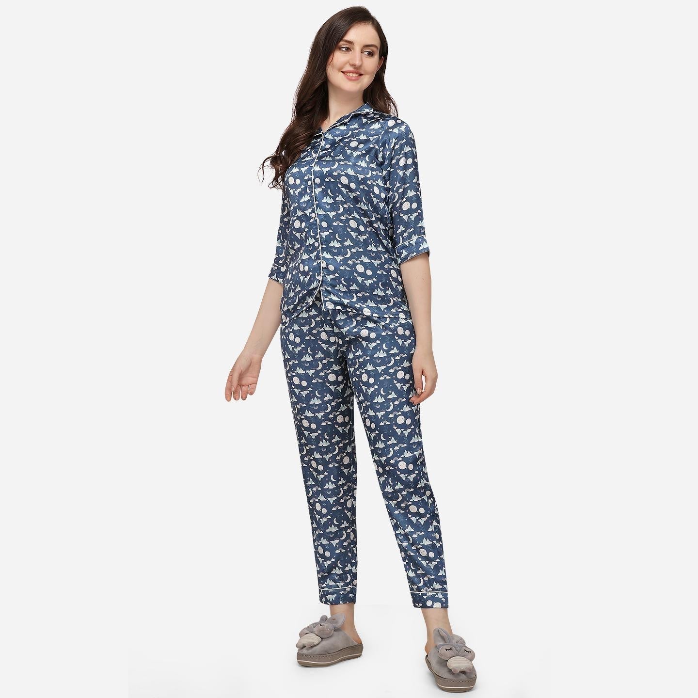 Blue Casual Wear Digital Printed Satin Night Suit - Peachmode