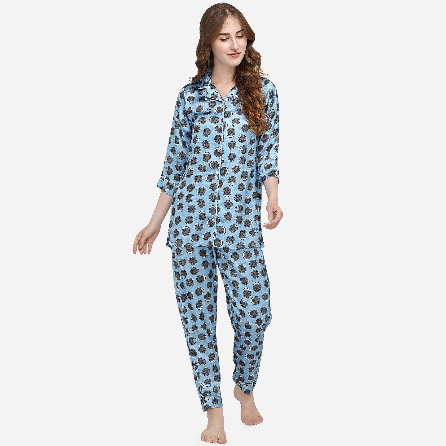 Blue Casual Wear Digital Printed Satin Night Suit - Peachmode