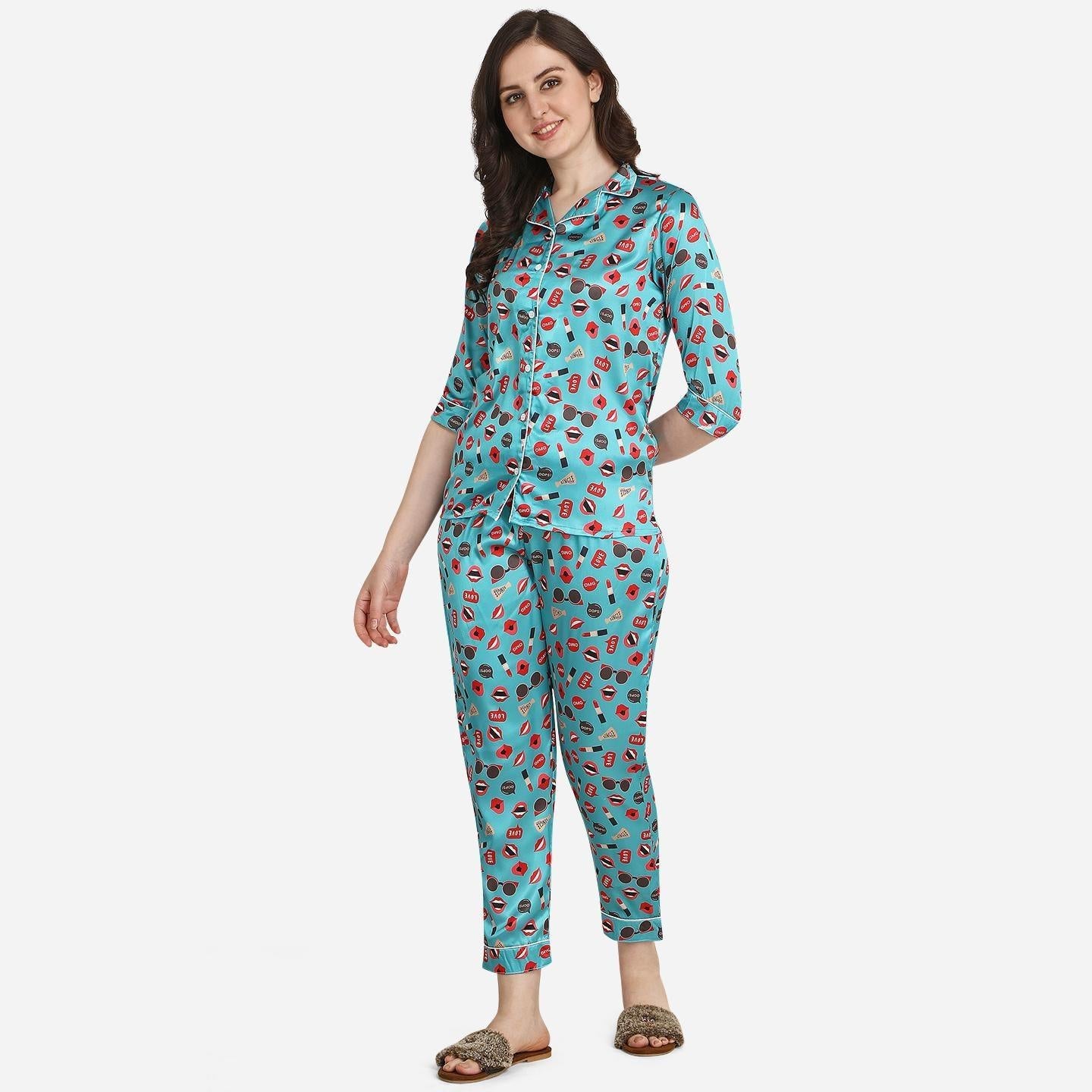 Blue Casual Wear Digital Printed Satin Night Suit - Peachmode