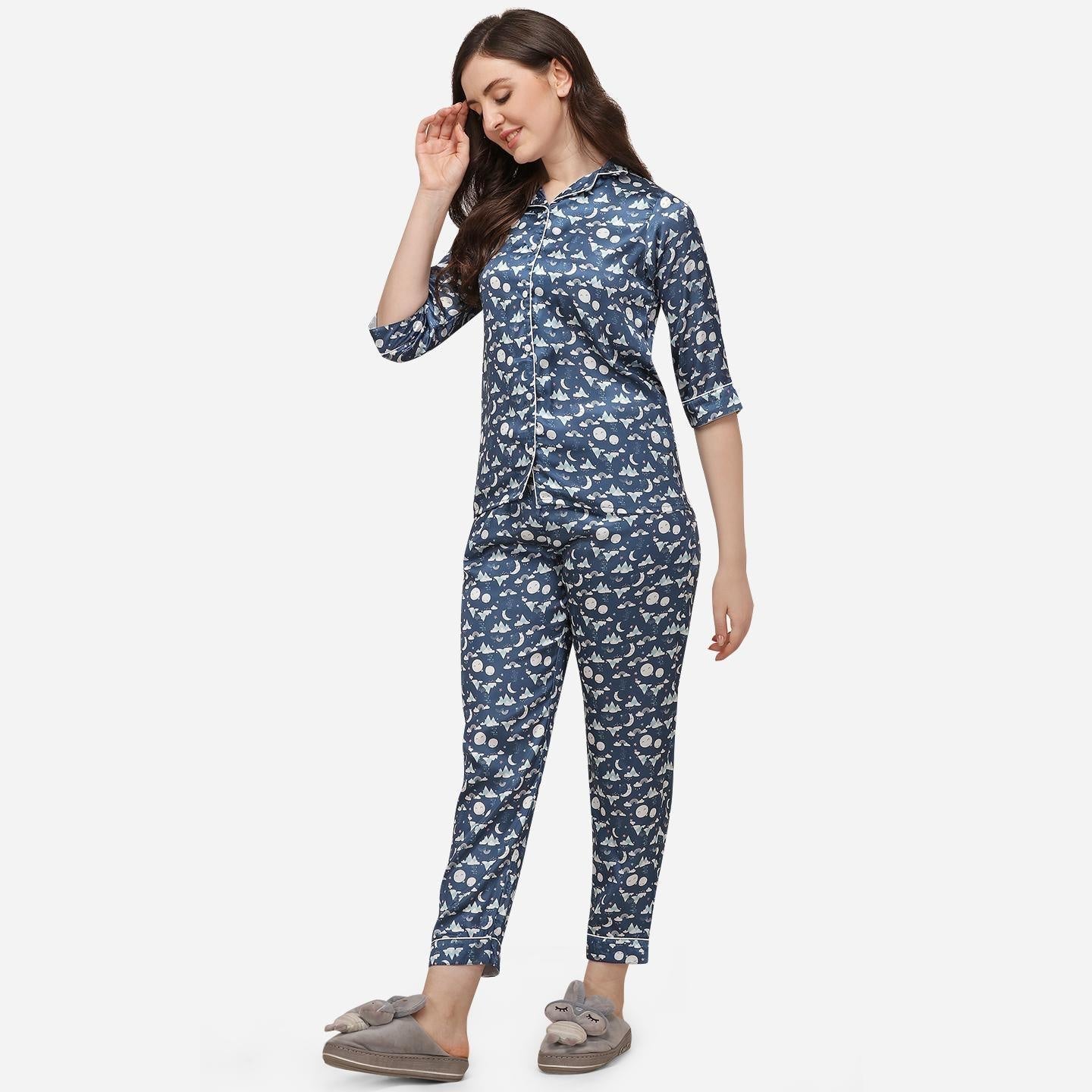 Blue Casual Wear Digital Printed Satin Night Suit - Peachmode