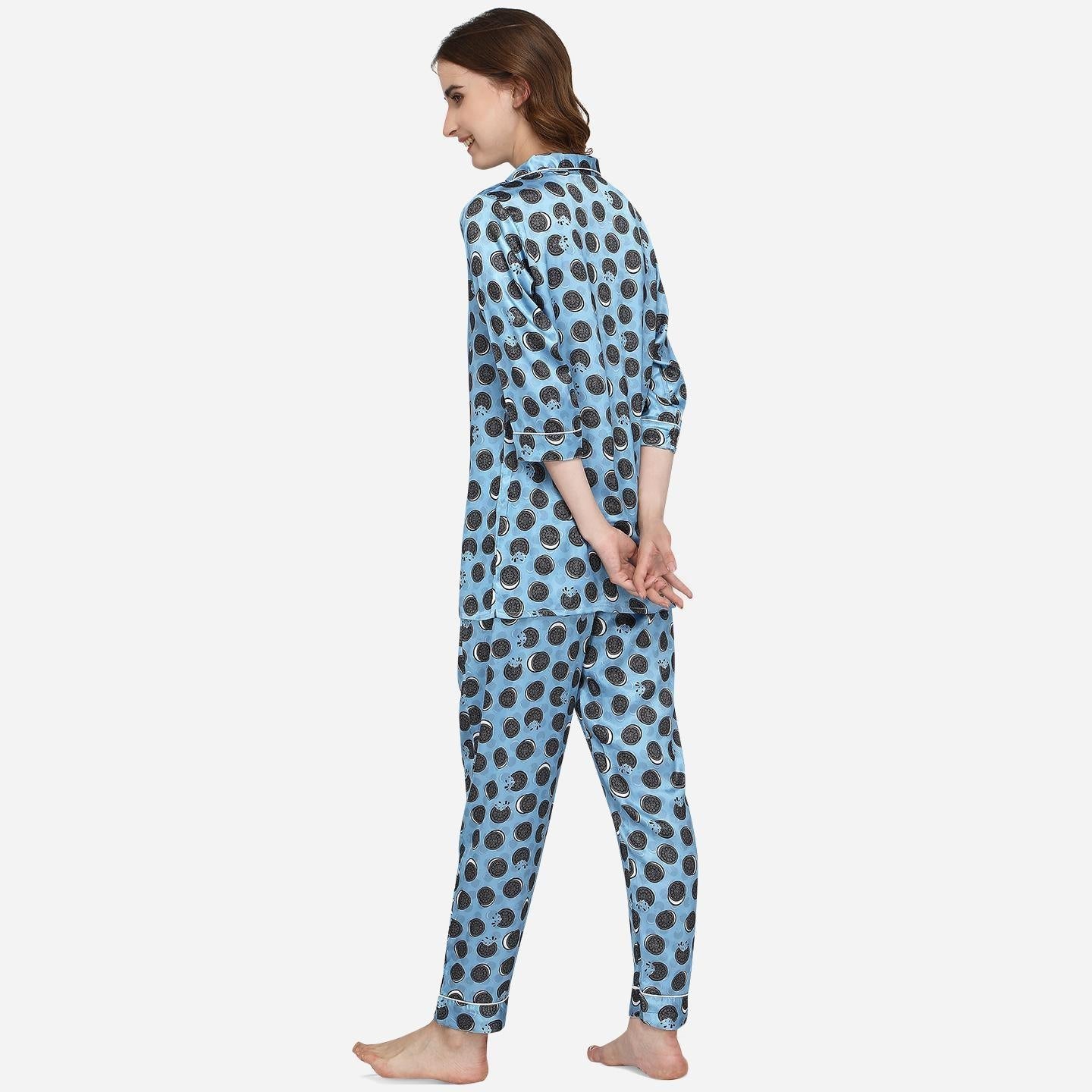 Blue Casual Wear Digital Printed Satin Night Suit - Peachmode