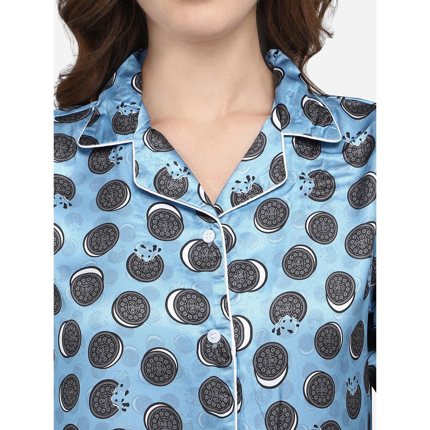 Blue Casual Wear Digital Printed Satin Night Suit - Peachmode