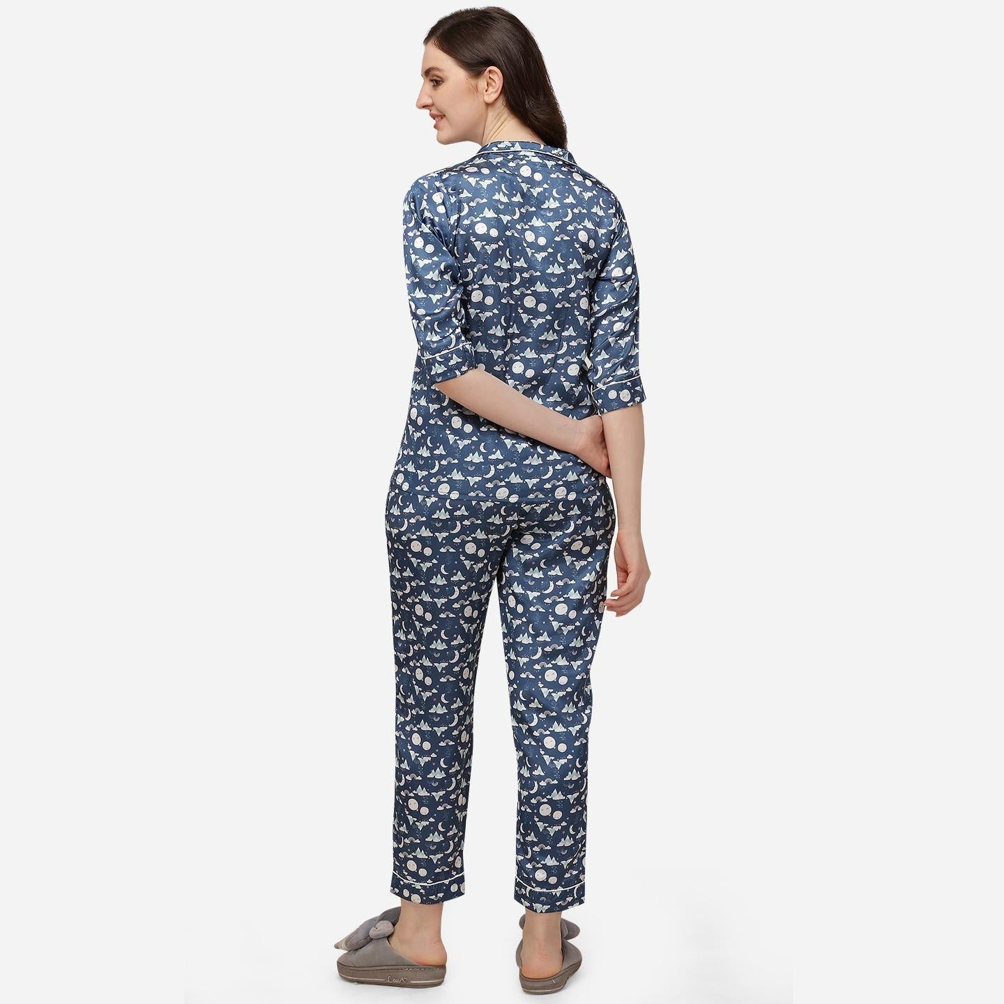 Blue Casual Wear Digital Printed Satin Night Suit - Peachmode