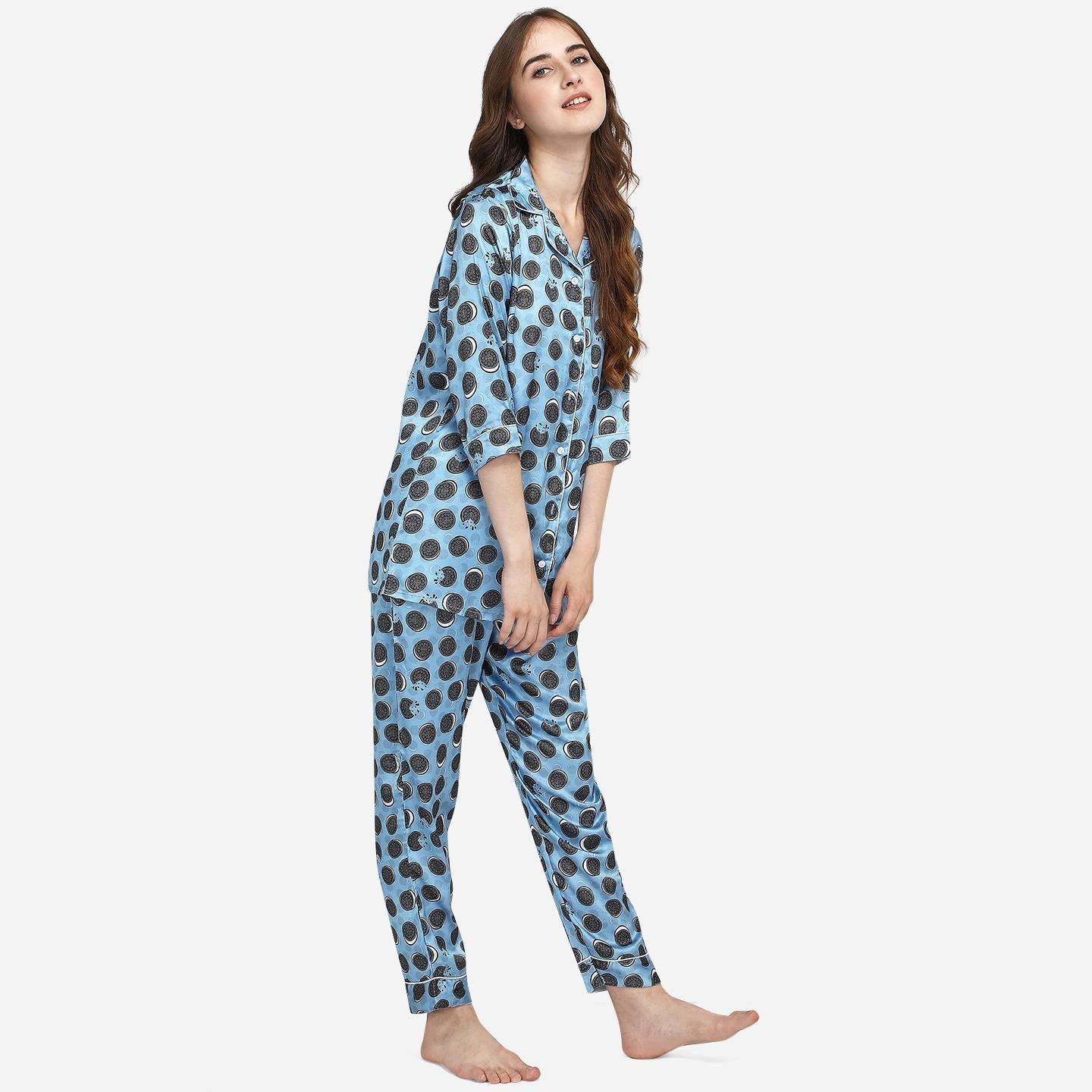 Blue Casual Wear Digital Printed Satin Night Suit - Peachmode