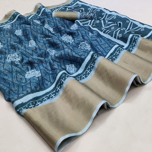 Blue Casual Wear Digital Printed Silk Saree With Zari Jacquard Border - Peachmode