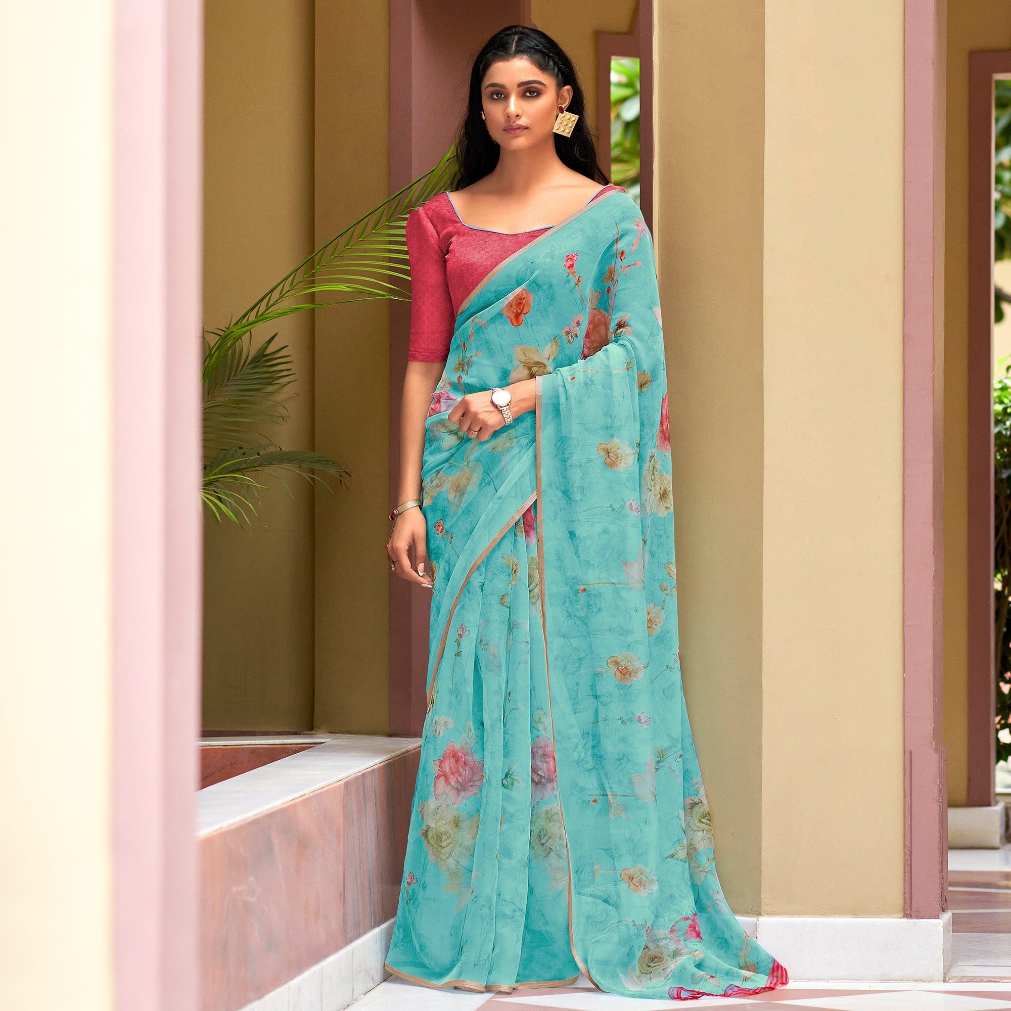Blue Casual Wear Digital Printed Soft Organza Saree - Peachmode