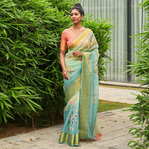 Blue Casual Wear Digital Printed Soft Organza Saree - Peachmode