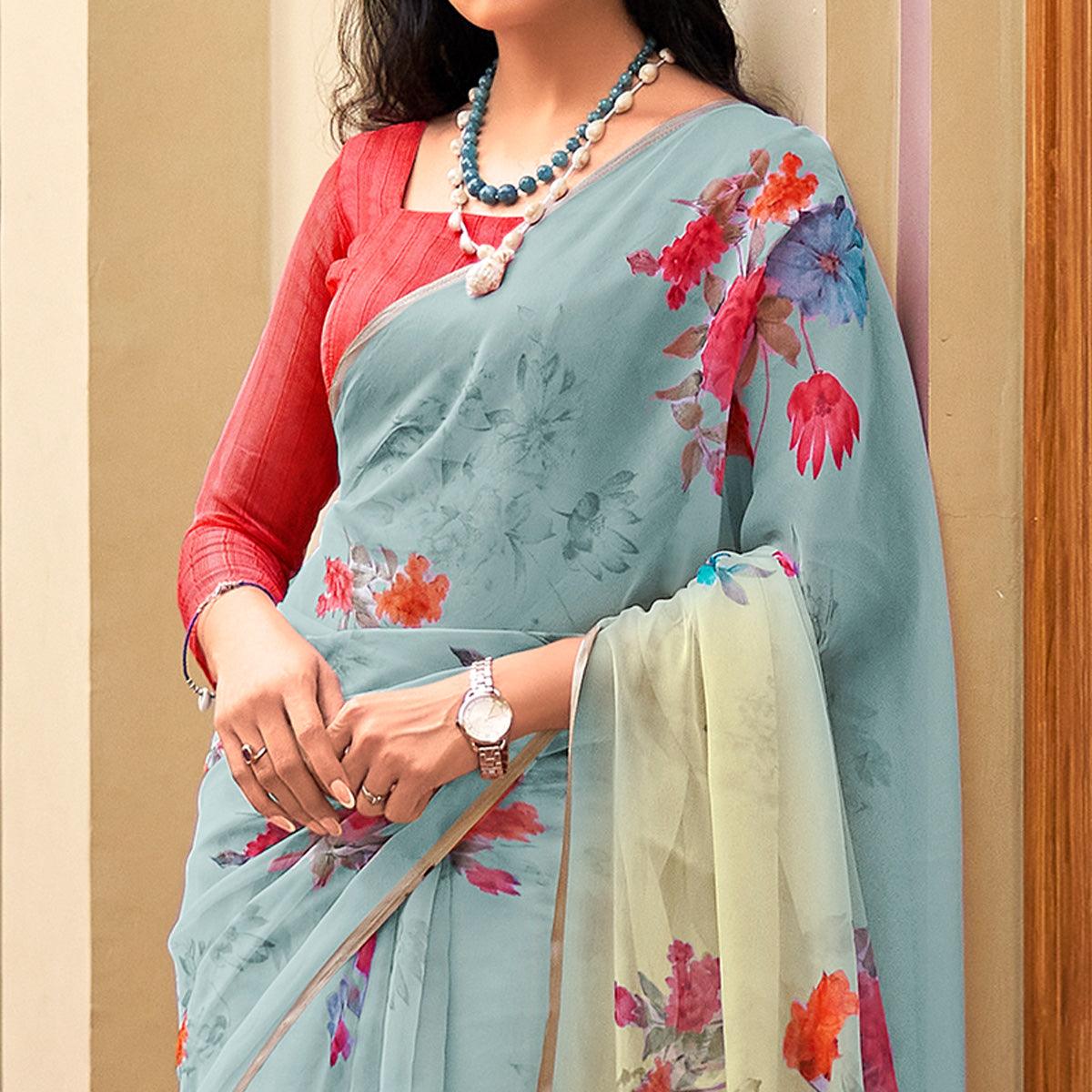 Blue Casual Wear Digital Printed Soft Organza Saree - Peachmode