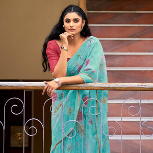 Blue Casual Wear Digital Printed Soft Organza Saree - Peachmode