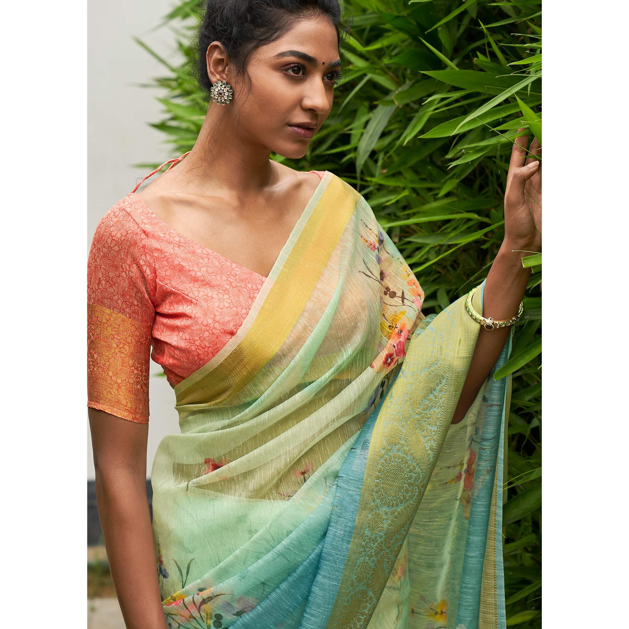Blue Casual Wear Digital Printed Soft Organza Saree - Peachmode