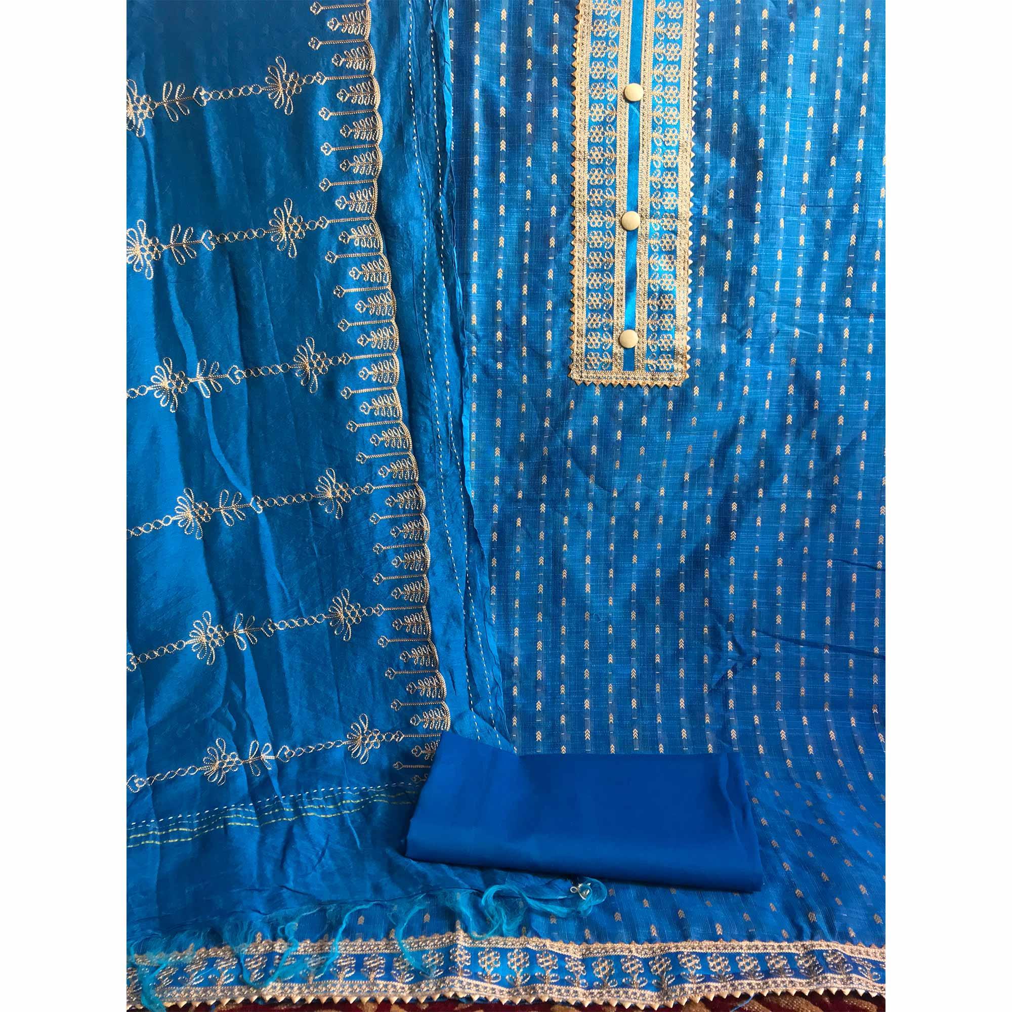 Blue Casual Wear Embroidered Cotton Dress Material - Peachmode
