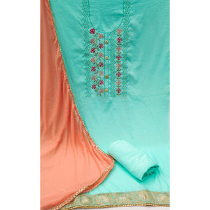 Blue Casual Wear Embroidered Cotton Dress Material - Peachmode