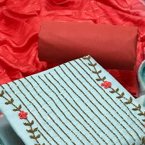 Blue Casual Wear Embroidered Cotton Dress Material - Peachmode