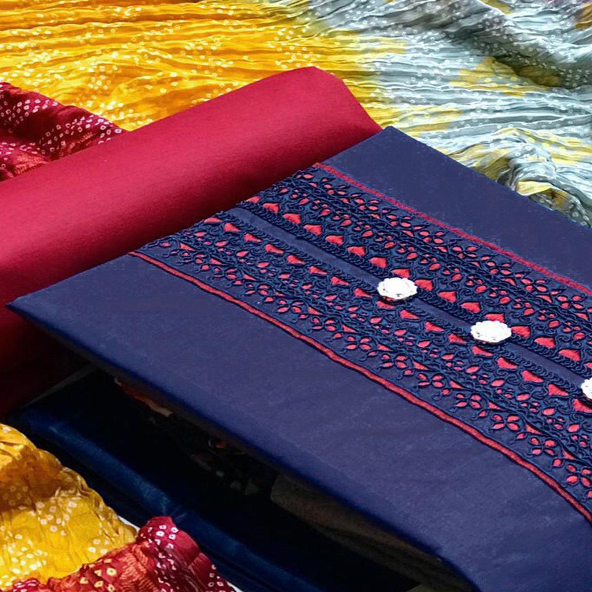 Blue Casual Wear Embroidered Cotton Dress Material - Peachmode