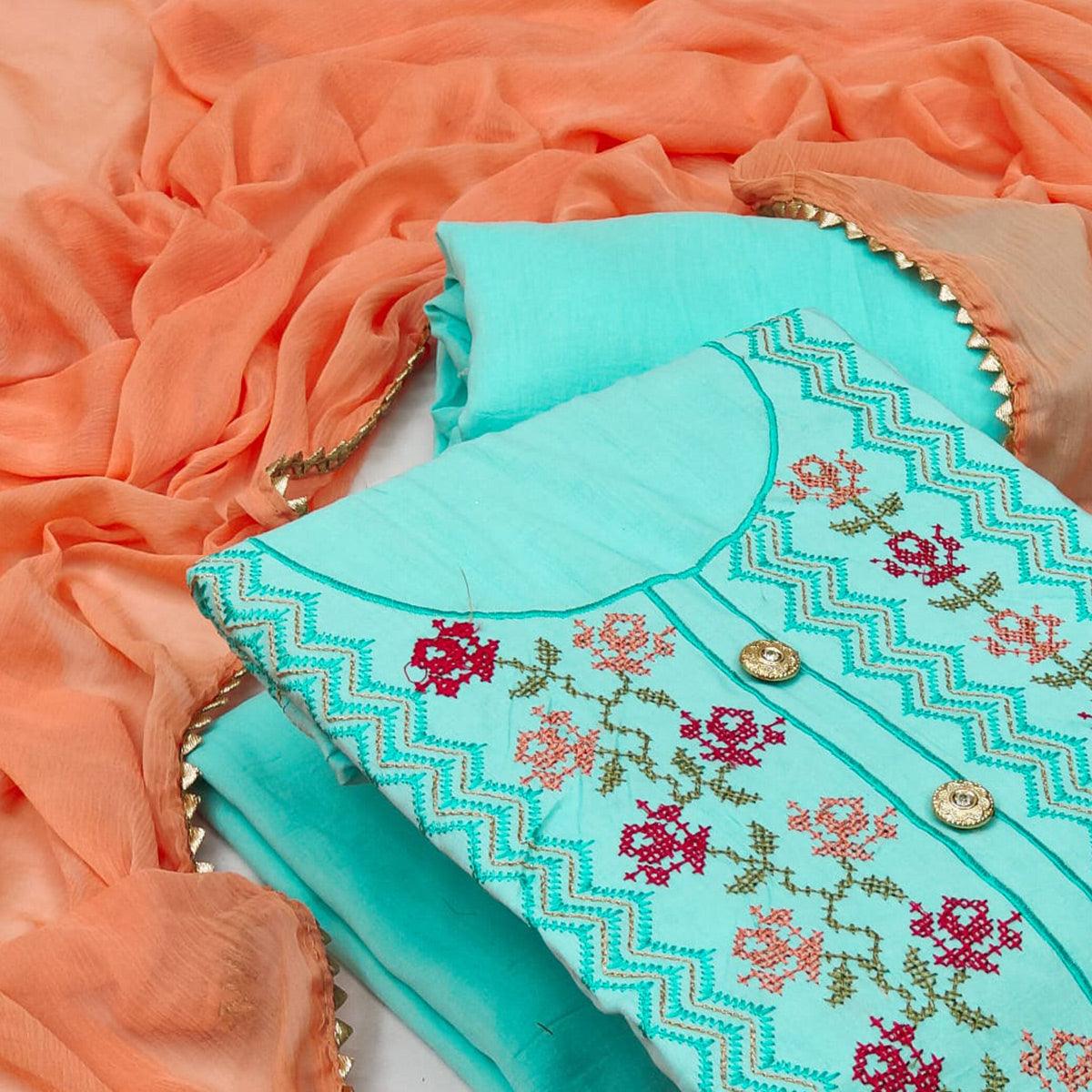 Blue Casual Wear Embroidered Cotton Dress Material - Peachmode