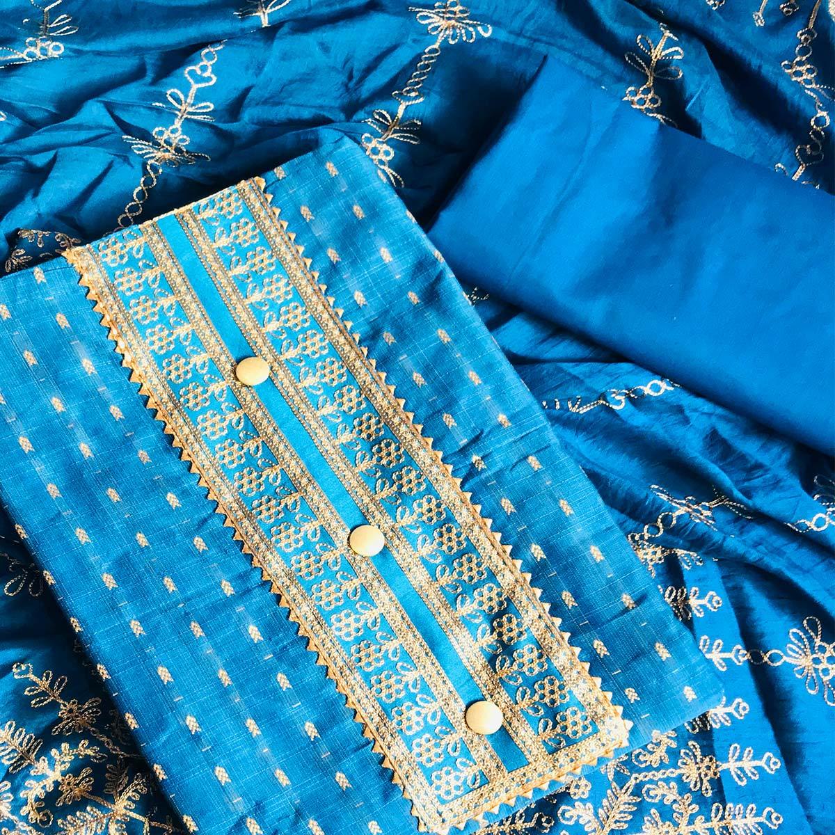 Blue Casual Wear Embroidered Cotton Dress Material - Peachmode